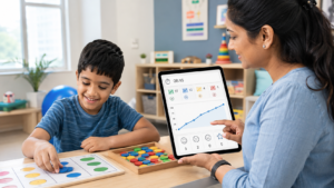 Behavior therapist and child using technology in ABA therapy